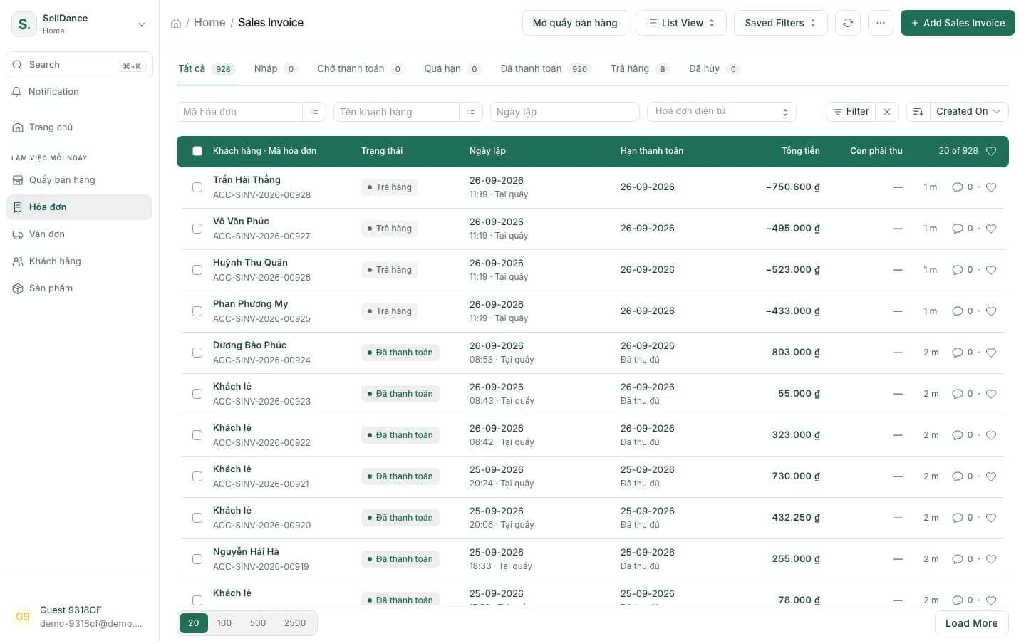 Sales invoice list in SellDance