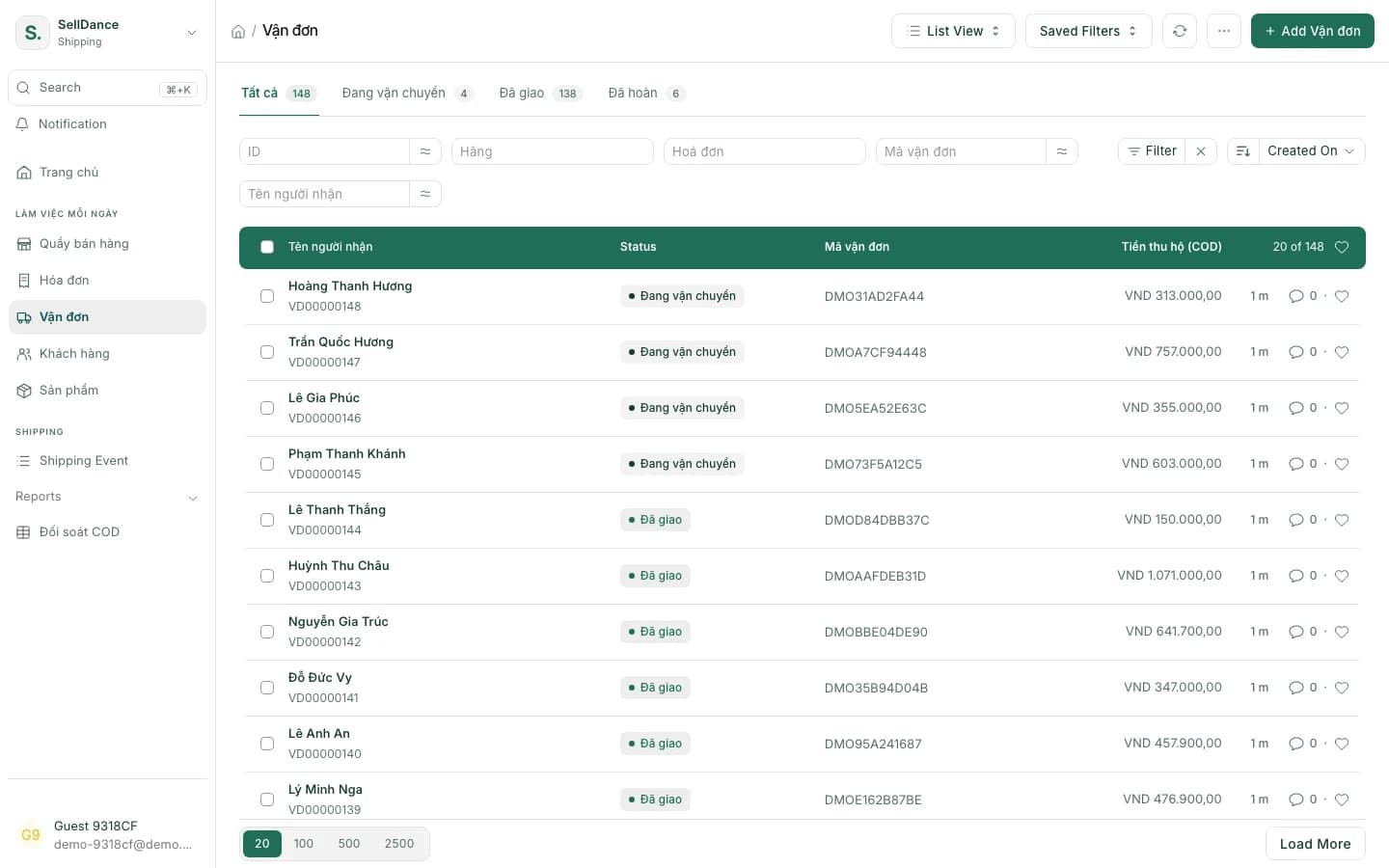 Shipment list in SellDance