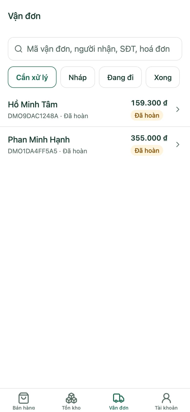 Màn hình vận đơn trên app SellDance